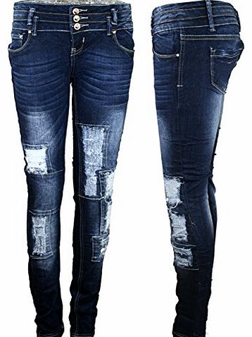 Womens Ladies 3 Button Patchwork Slim Skinny Denim Ripped Jeans Pants 6-14? (M (38) UK 10, Dark Denim Blue)