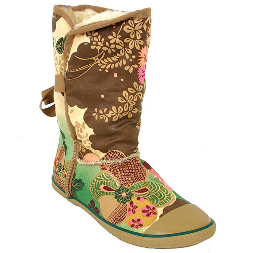 Ladies Sugar Origami Fur Lined Boot Asian Floral Tan