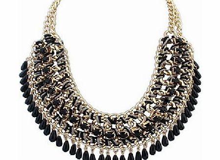 SUNNOW New Fashion Women Vintage Retro Bohemian Layered Colorful Gem Beads Pendants Tassel Bib Statement Chunky Chain Choker Necklace (Black)