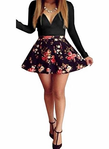 SUNNOW Womens Long Sleeves Sexy Deep V-neck Floral Mini Dress Skater High Waist