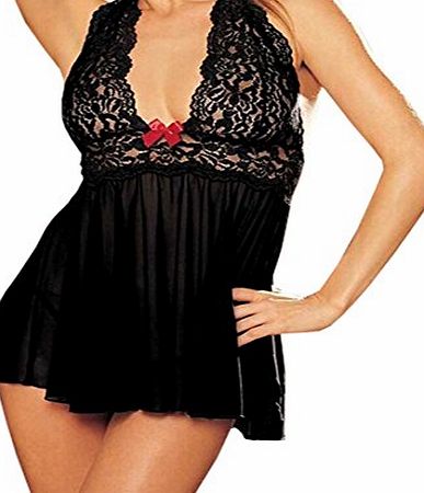 SUNNOW Womens Sexy Lace Sheer Deep-V Halterneck Nightdress Babydoll Lingerie Underwear Set With G-String