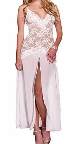 Womens Sexy Lingerie Set Lace Sheer Babydoll Long Maxi Side Split Nightdress With G-string (One Free Size, White)