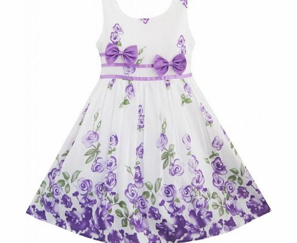 Sunny Fashion Girls Dress Purple Rose Flower Double Bow Tie Party Kids Sundress Size 7-8 Years