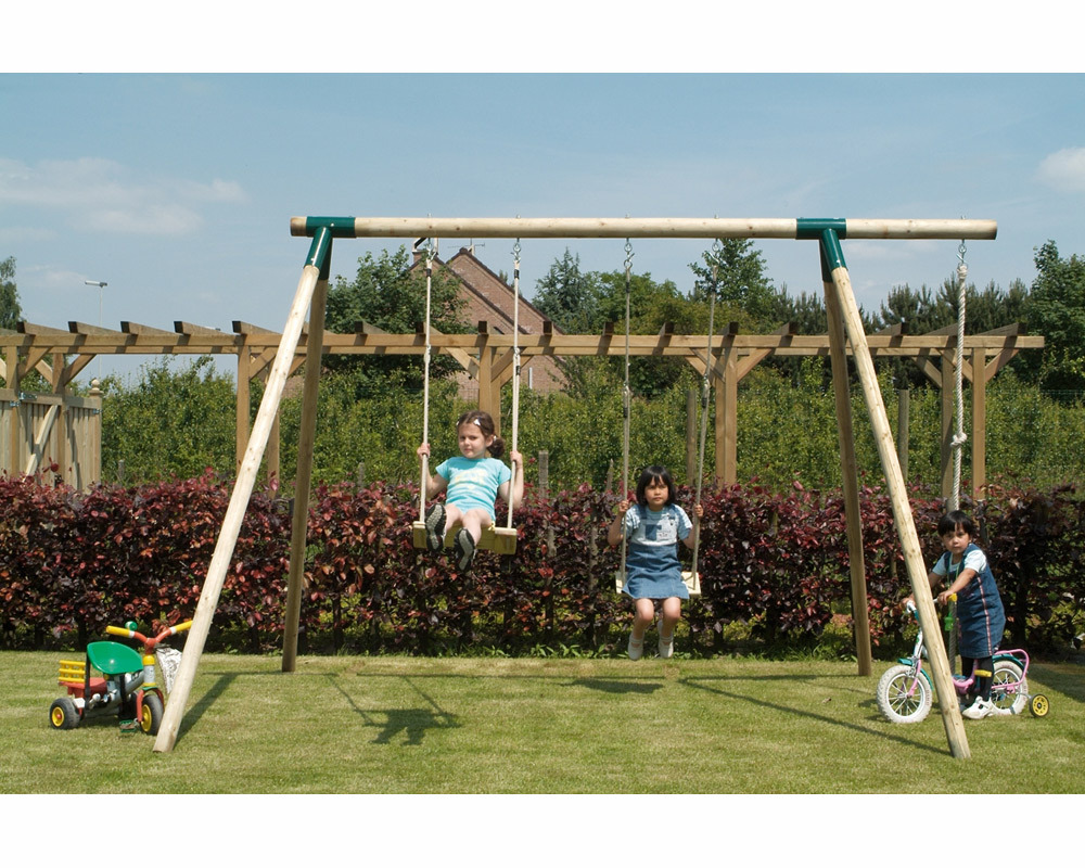 Double Wooden Swings Set with Climbing Rope