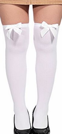 Women Ladies Bow Top Stockings Pirate Sailor Fancy Dress Hold Up Over The Knee Thigh High Socks Ladies Girl School Costume Accessories - White