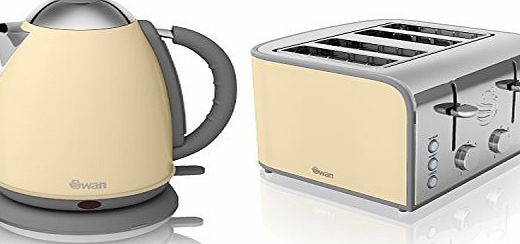 Swan  CREAM ELECTRIC STAINLESS STEEL 1.7L JUG KETTLE AND 4 SLICE TOASTER SET