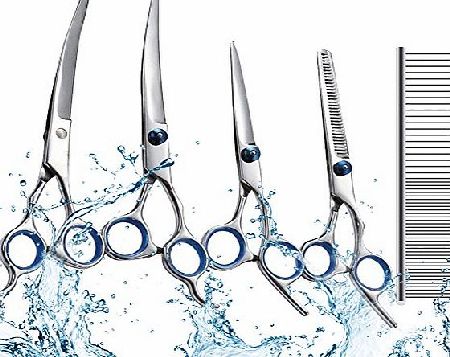 Swify 5pcs Stainless Steel Professional PET DOG Home Grooming Scissors Suit Cutting Curved Thinning Shear