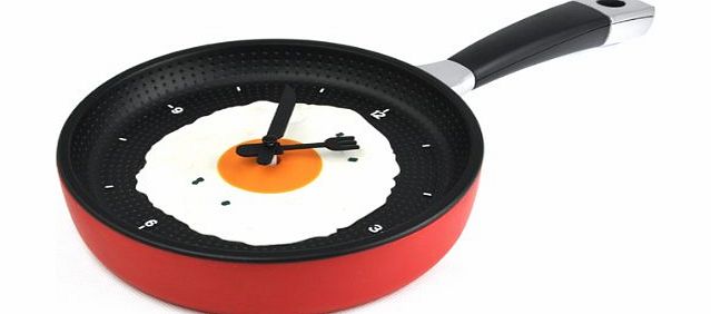 Frying Pan Clock with Fried Egg Novelty Kitchen Cafe Wall Hanging Clock (Red)