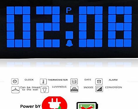 T Tocas Digital Larger Big Jumbo Number LED Hour/Min Display Indoor Wall Desk Snooze Alarm Clock with Calendar - Blue Light