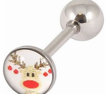 Christmas Logo Tongue Bar. Tongue Stud. Reindeer. Surgical Steel. 1.6mm x 14mm. 8mm Logo (standard)