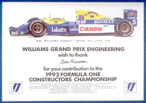 Williams 1992 Constructors Certificate