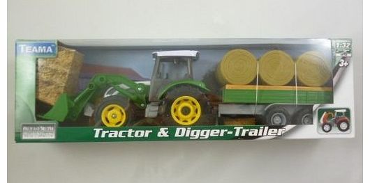 Diecast Metal Green Tractor and Digger with Bale Trailer Set 1:32 Scale