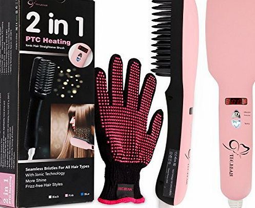 TEC.BEAN 2-in-1 Ionic Hair Straightener Brush PTC Heating Hair Straightening Irons 5 Heat Settings for Different Hair Types 360 Rotatable Power Cord with Heat Resistant Glove