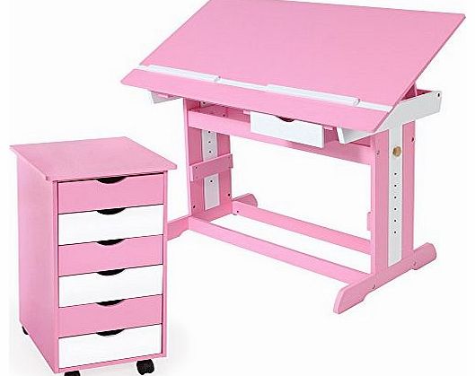 Kids child writing table homework height adjustable study desk with 6 draver office cabinet pink / white