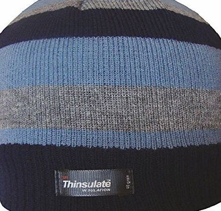 TeddyTs Boys Striped Design Thermal Knit Fleece Lined Thinsulate Winter Beanie Hat (Black Grey amp; Blue)