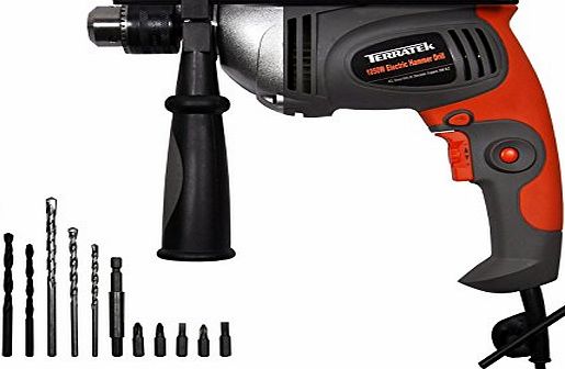 Terratek 1050W Hammer Drill, Powerful Variable Speed Electric Drill Complete with 13pc Drill Bit Set