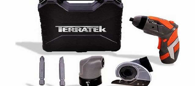Terratek 3.6V li-ion screwdriver, Right angle head, Multi Purpose Cutting Head attachment and Driver Bit accessories, Comes in a Carry case