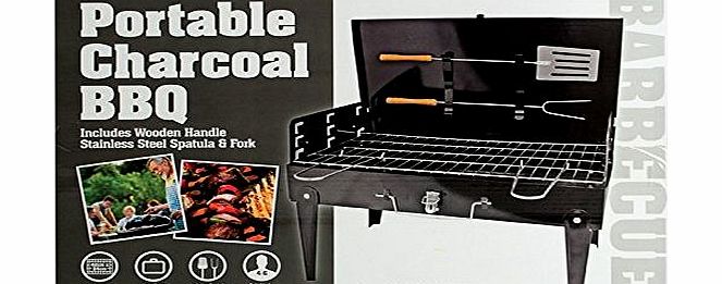 Portable Charcoal BBQ - Barbecue size 42x26x43 - Handy for Garden, Beach, Picnics, Parks, Caravans, Camping, Family etc - Includes Wooden Handle Fork amp; Spatula - Folds Away for carrying and Storag