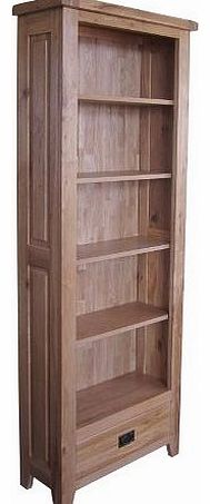BALMORAL Natural Oak Rustic Farmhouse / Country Cottage Tall 5 Shelf Bookcase with Ring Handle Drawer