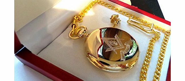 Freemasons Masonic Pure 24k Gold Lapel Pin Badge AND Pocket Watch Gift Set Brotherhood Engraved Crest Emblem in Wooden Presentation Case