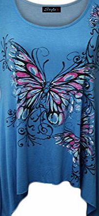 The Celebrity Fashion Ladies plus size butterfly print hanky hem sleeveless long womens top size 16-26