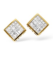 18KY Princess and Baguette Square Design Diamond Earrings 1.00CT