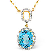 9K Gold Diamond Blue Topaz Oval Drop Necklace (0.12ct BT 4.79ct)