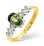 9K Gold Green Sapphire Ring with Shoulder Diamonds