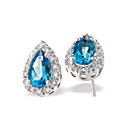 9K White Gold Diamond and Blue Topaz Teardrop Earrings