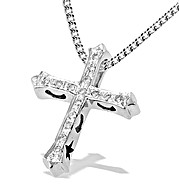 9K White Gold Diamond Cross Pendant with Star and Moon Detail