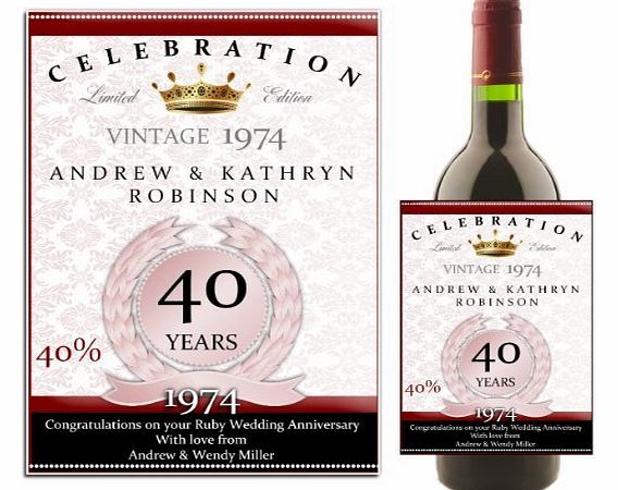 The Personalised Party Company Personalised 40th Ruby Wedding Anniversary WINE BOTTLE LABEL ~ Gift Idea N34
