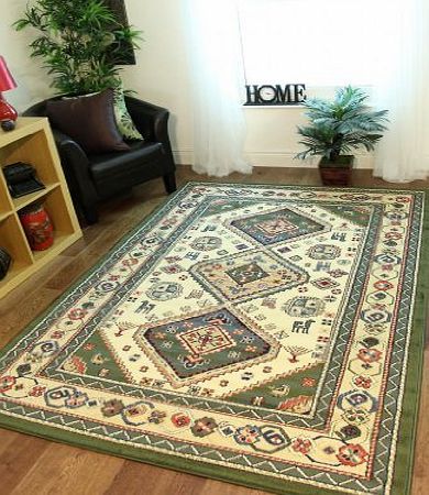 The Rug House Olive Green and Cream Traditional Afghan Style Navaro Rugs 8827 CreamEm - 150 cm x 220 cm (411`` x 73``)