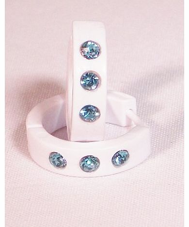 - 15mm White Acrylic Huggie Earrings(Pair) - Brand new Trendy design - 3 Light Blue CZs - Bio flex Hypo-allergenic Earrings - (will not fade/tarnish) - Includes gift
