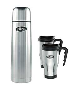 Thermos Stainless Steel 1 Litre Flask and 2 Travel Mugs