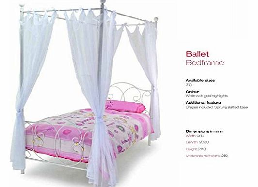 Brand new Ballet 4 Poster bed frame Intricate Design - White Drapes - White/Gold