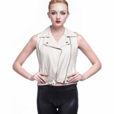 THOOO Womens White Asymmetric Sleeveless Leather Biker Moto Waistcoat Vest jacket-XL