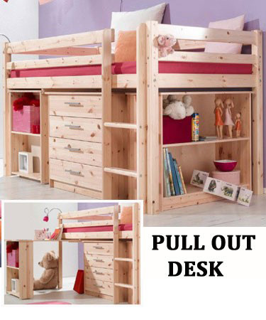Cabin Bed with Drawers Desk and optional Bookcase