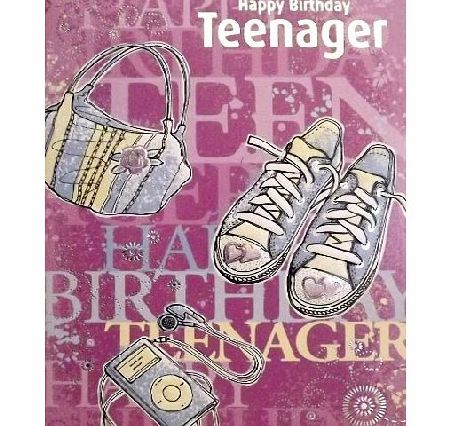Ticker Enterprises Girls Lilac, Blue amp; Silver ``Happy Birthday Teenager`` Birthday Greetings Card - With Foil Embossed Handbag, IPod amp; Shoes