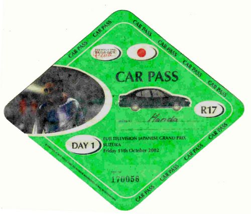 Tickets and VIP Passes Japanese Grand Prix 2002 Car Park Pass Friday