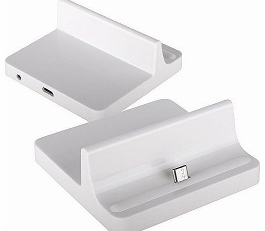 Premium Micro USB Compatible Desktop Charging Dock Stand With 3.5 Aux Port And UK Mains Charger For Nokia Lumia 630 / 635 Mobile Phone - White