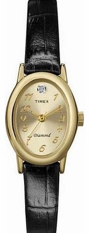Diamond Watch Ladies Classic Black Leather Strap Gold Tone Dial Watch Set With A Diamond