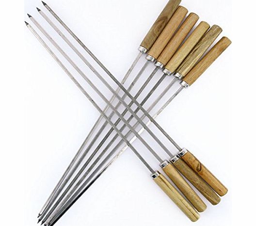 10pcs 36cm Outdoor Barbeque BBQ Wooden Handle Stainless Steel Flat Skewers Needles Forks