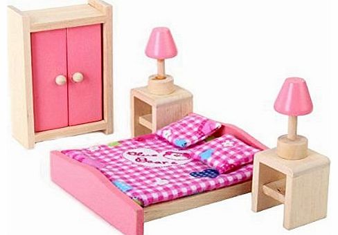 6pcs Cute Dollhouse Bedroom Miniature Wooden Furniture Set Double Bed Table Lamp Closet (Pink)