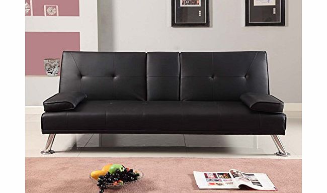  Black Modern Faux Leather 3 Seater Sofa Bed With Fold Down Drinks Table