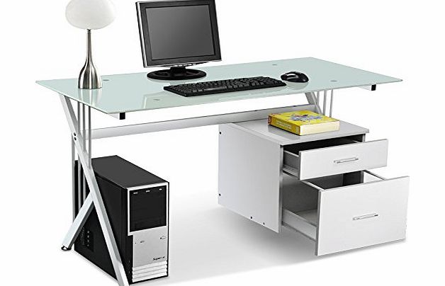  Computer PC Desk Table in Black/White Tempered Glass Finish with a suspended cabinet amp; 2 drawers, Home Furniture / Office Workstation (White)