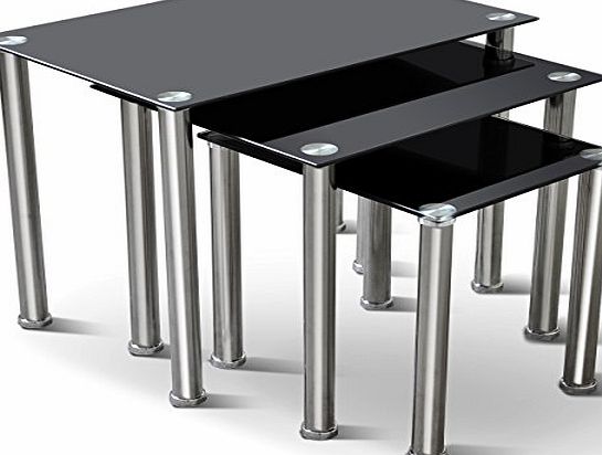 tinxs  Nest Of 3 Tables Black Glass Chrome Legs Side Tables Home Office Furniture New