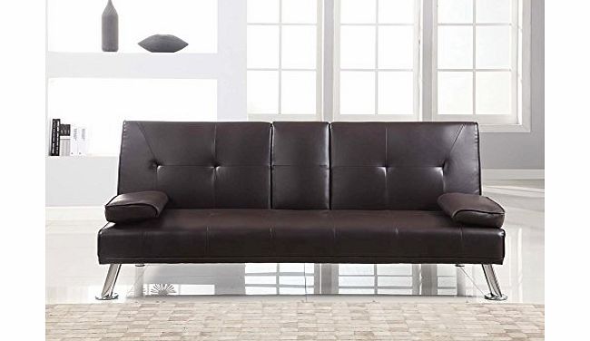  NEW DESIGNER FAUX PREMIER LEATHER SOFA BED in BROWN w DROP DOWN DRINKS TABLE AND 2 CUP HOLDERS