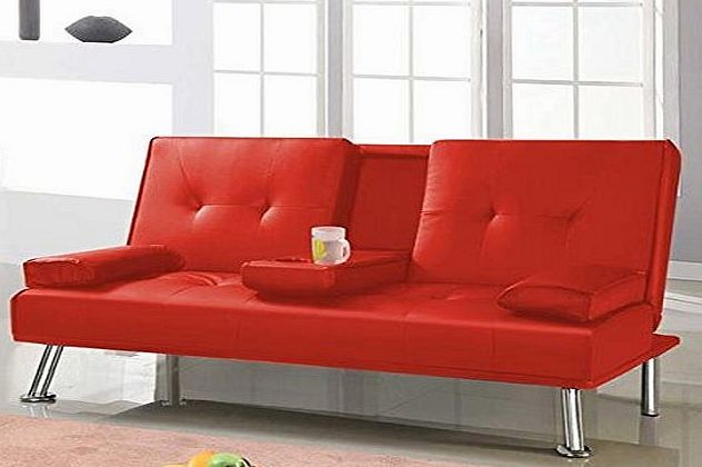 tinxs  Red Modern Faux Leather 3 Seater Sofa Bed With Fold Down Drinks Table (Red)