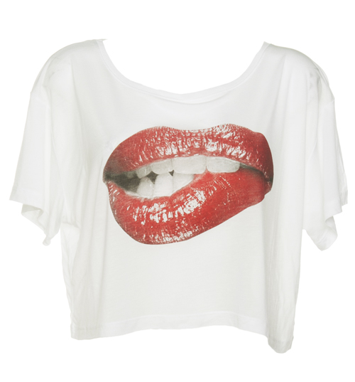 Ladies White Sexy Lips Cropped T-Shirt from To