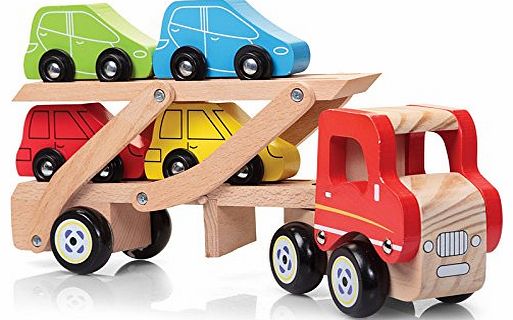 Wooden Car Transporter Retro Lorry and Car Set With Trailer and Ramp Fun Christmas Toys by Lizzy